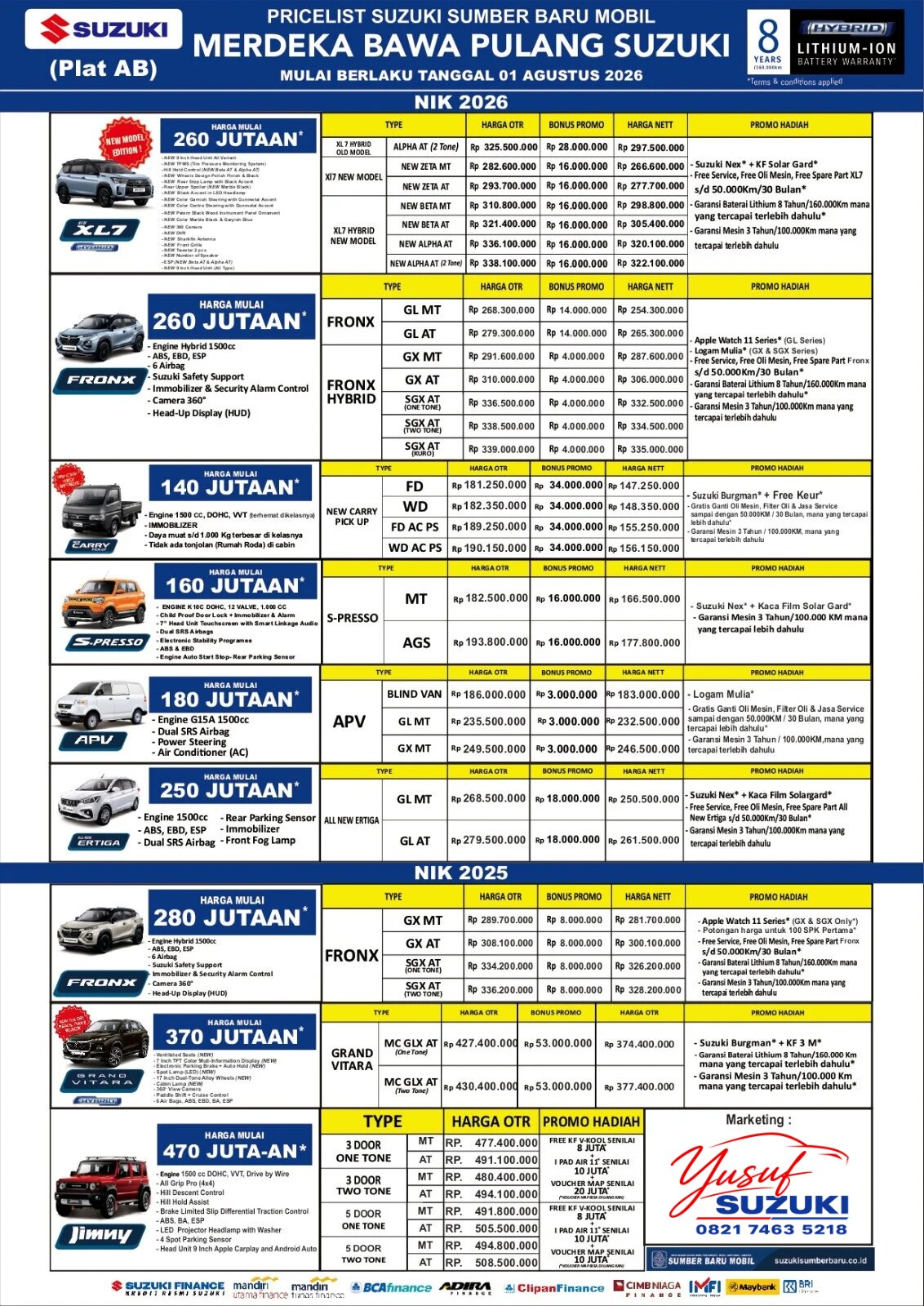 Pricelist Suzuki Jogja Agustus 2026